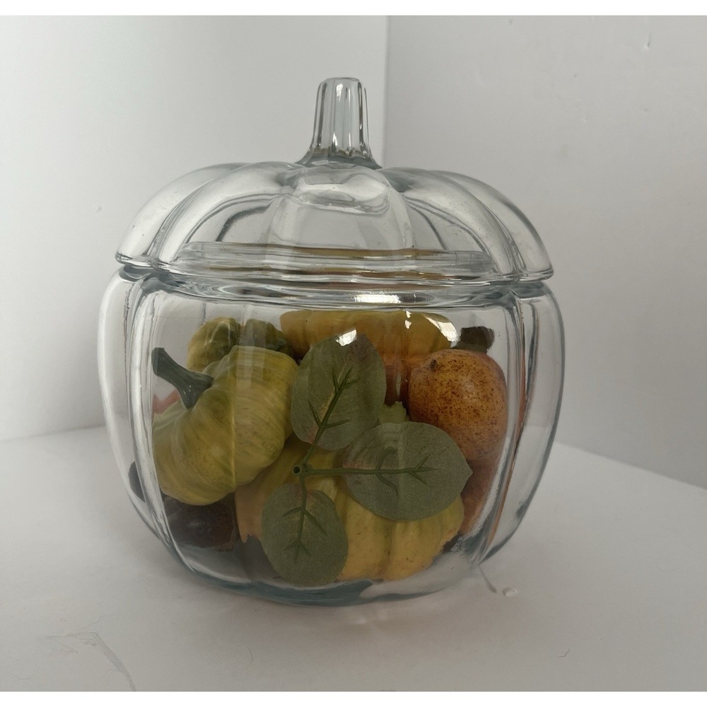 Vintage‎ Anchor Hocking Clear Glass Pumpkin W/Faux Fall Autumn Foliage Holidays